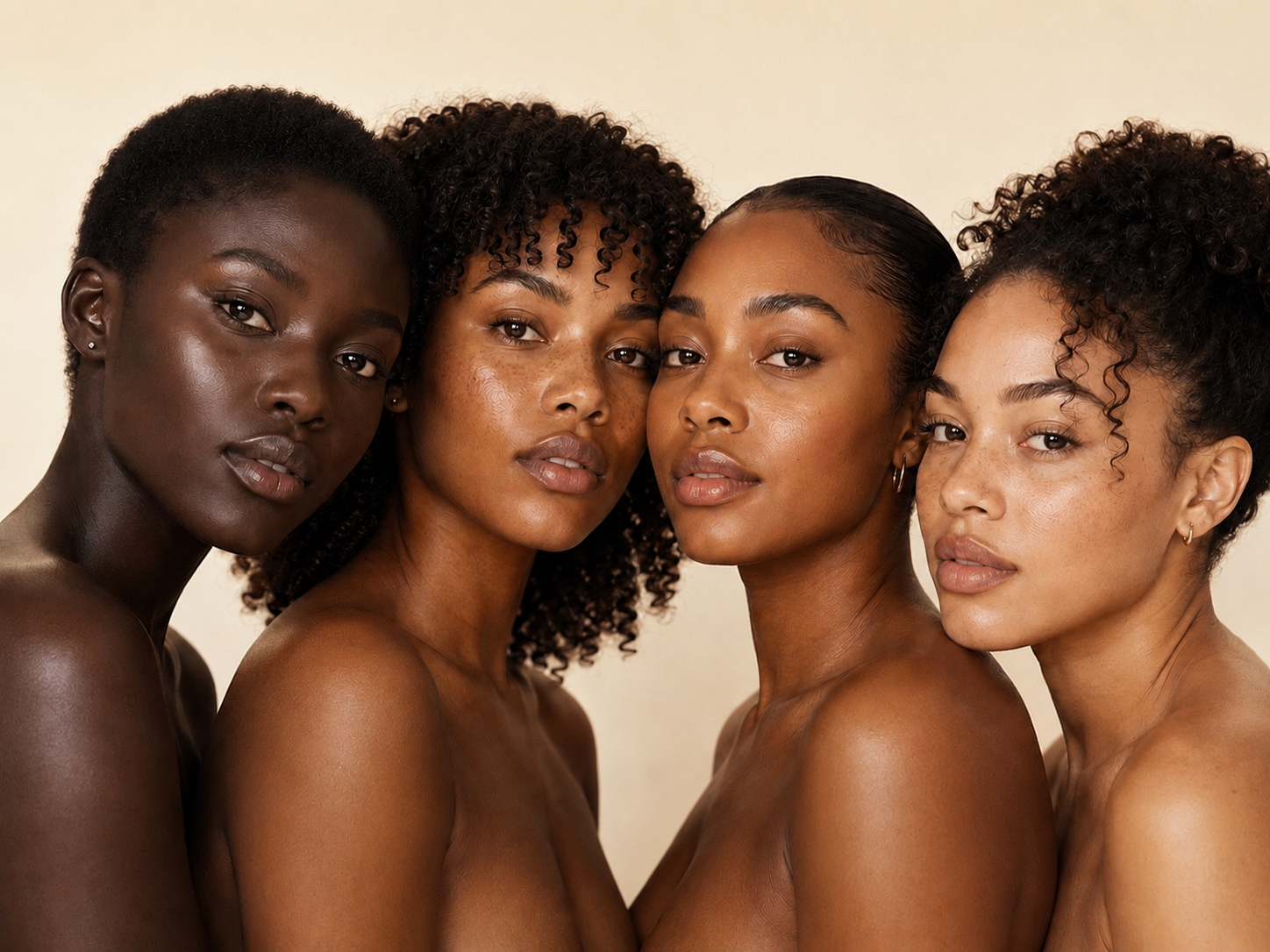 Four women with a range of melanin-rich skin tones photographed together